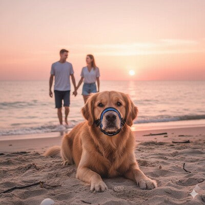 museliere pour chien bleue golden retriever plage coucher soleil vacances confortable respirante securite premium