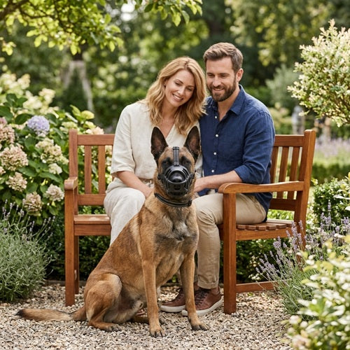 Muselière pour chien Malinois assis devant un couple sur un banc de jardin