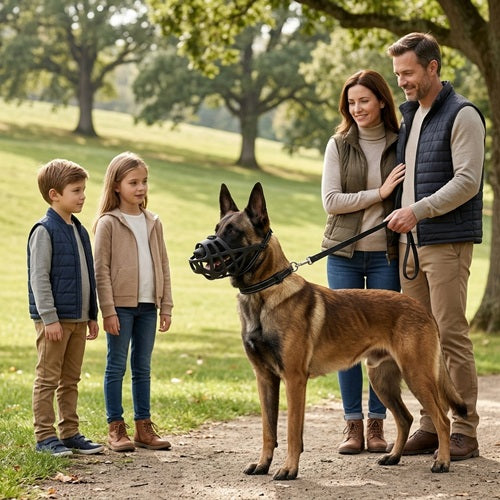 Muselière pour chien Malinois en laisse famille enfants parc