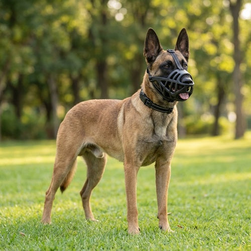 Muselière pour chien Malinois noire panier chien debout pelouse