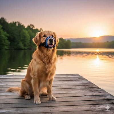 museliere pour chien noire golden retriever lac coucher soleil nature exterieur premium