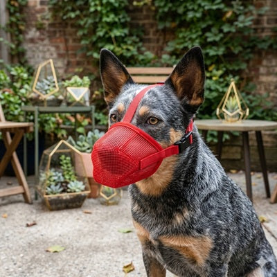 museliere pour chien rouge berger australien exterieur jardin confortable portrait