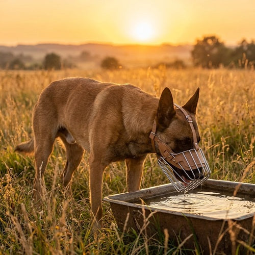 Muselière pour Malinois boire abreuvoir champ coucher soleil