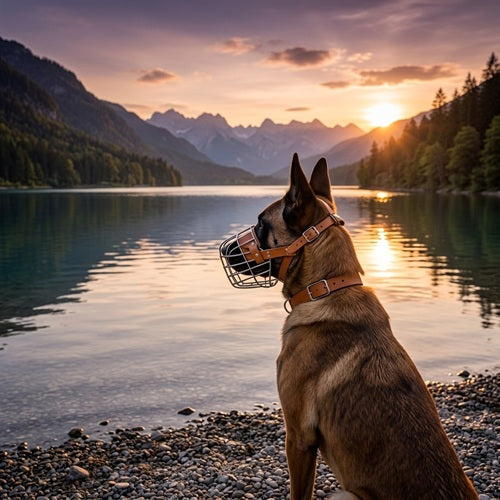 Muselière pour Malinois bord lac coucher soleil