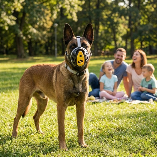 Muselière pour Malinois famille jardin noire jaune respirante ajustable confortable