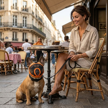 Muselière pour race Bouledogue Français avec maîtresse en terrasse de café