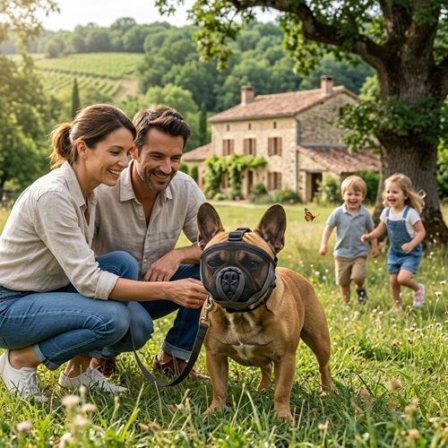 Muselière pour race Bouledogue Français en famille dans jardin de campagne