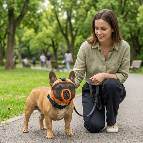 Muselière pour race bouledogue français orange en laisse au parc avec maîtresse