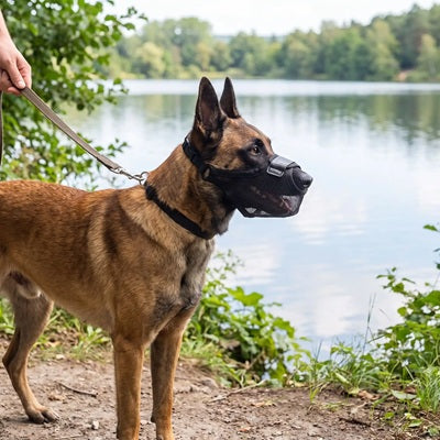 Muselière respirante chien Malinois laisse lac forêt balade nature sécurité