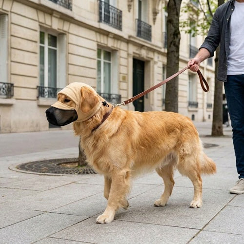 Muselière tissu chien Golden Retriever promenade en laisse en ville