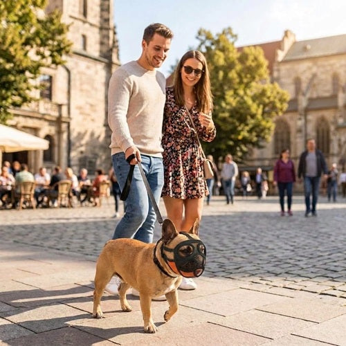 Muselières bouledogue français mesh noir orange place couple balade ville
