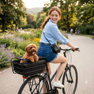 Panier à vélo pour chien, femme, parc, fleurs, chien roux, été, vélo ville