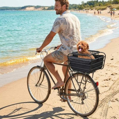 Panier à vélo pour chien homme plage mer chien roux balade été