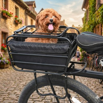 Panier à vélo pour chien roux village pavé rue pittoresque métal noir
