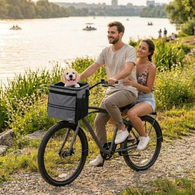 Panier chien pour vélo, couple avec labrador au bord de la rivière au coucher du soleil.