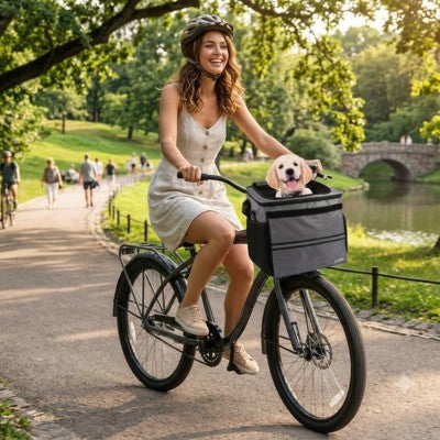 Panier chien pour vélo, femme avec casque et labrador dans un parc de verdure.