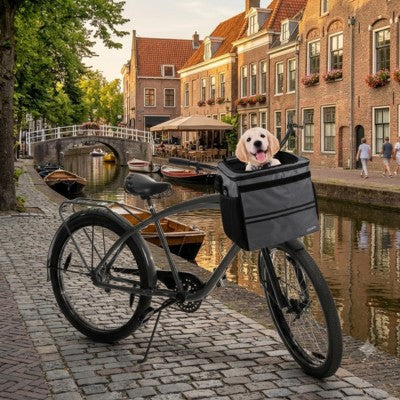 Panier chien pour vélo, labrador au bord d’un canal d’Amsterdam au coucher du soleil.