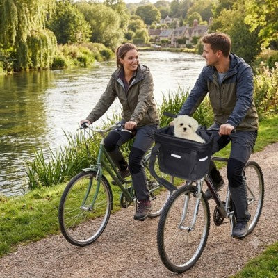 panier chien vélo couple balade rivière campagne