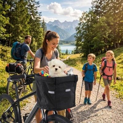 panier chien vélo famille balade montagne chien blanc