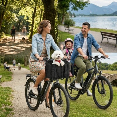 Panier pour chien à vélo famille bichon bord du lac montagne