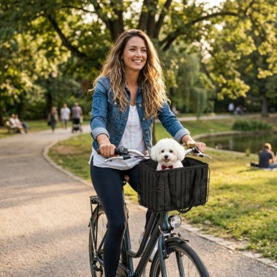 Panier pour chien à vélo femme bichon parc coucher de soleil