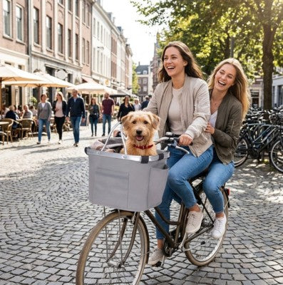 Panier pour chien pour vélo deux femmes ville tandem rue pavée