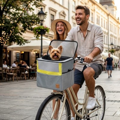 Panier pour chien sur vélo couple ville yorkshire balade urbaine.