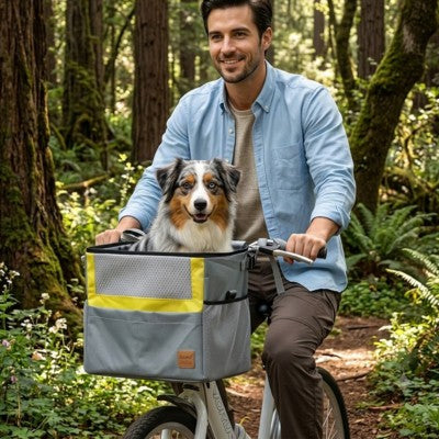 Panier pour chien sur vélo électrique homme forêt Australian Shepherd.
