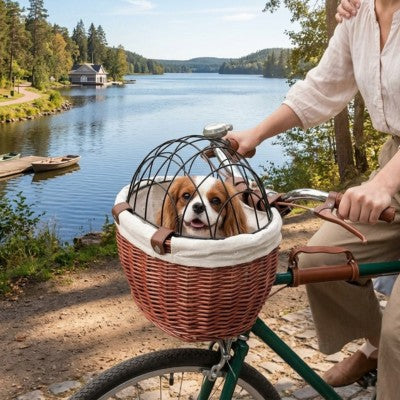 Panier pour chien vélo osier balade lac nature propriétaire