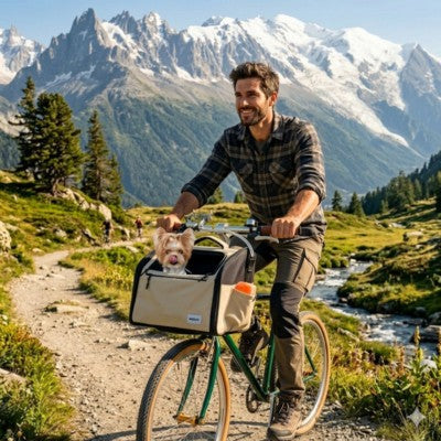 Panier pour vélo chien homme Mont Blanc sentier yorkshire Alpes