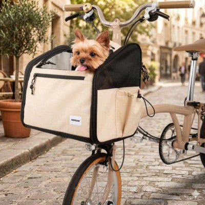 Panier pour vélo chien yorkshire vélo pliable Paris rue pavée