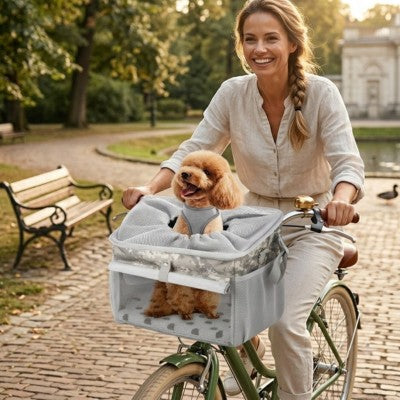 Panier pour vélo pour chien femme souriante caniche parc soleil.