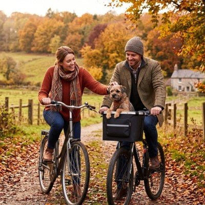 panier vélo chien couple automne campagne border terrier feuilles