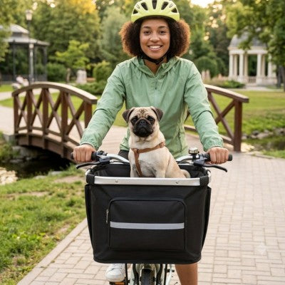 panier vélo chien femme parc carlin urbain vélo ville sourire