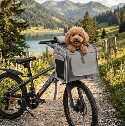 Panier vélo pour chien caniche gris VTT montagne lac forêt sentier