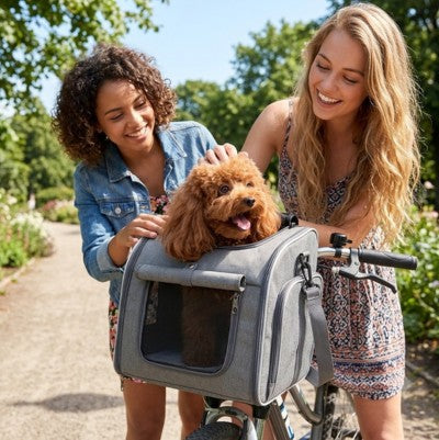 Panier vélo pour chien deux femmes caniche roux gris parc ensoleillé