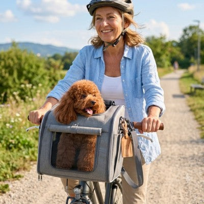 Panier vélo pour chien femme casque caniche roux gris piste campagne