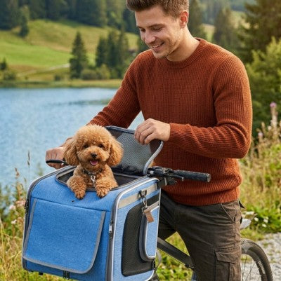Panier vélo pour chien homme chiot caniche bleu lac montagne balade vélo