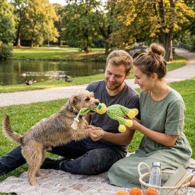 Peluche chien couple parc pique-nique jouet doux interactif extérieur