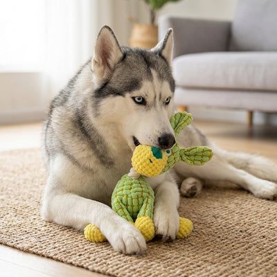 Peluche chien Husky jouet vert jaune intérieur sol résistant mordant