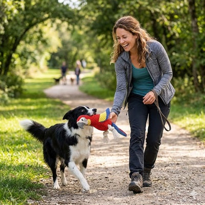 peluche chien perroquet maîtresse jeu forêt sentier border collie