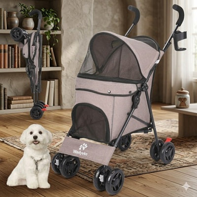 Poussette à chien pliable beige quatre roues bichon blanc intérieur