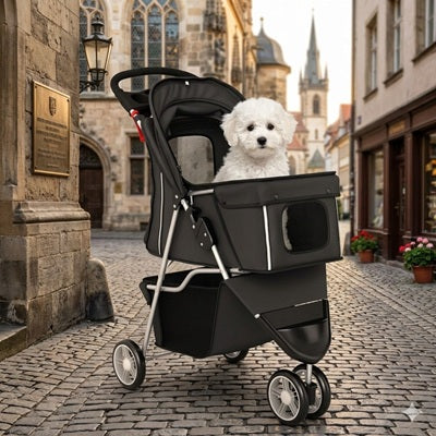 Poussette à chien pliable bichon vieille ville pavés Europe