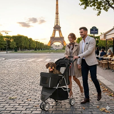 Poussette à chien pliable couple Paris tour Eiffel promenade