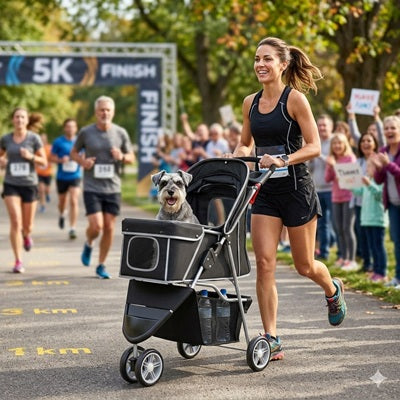 Poussette à chien pliable course 5K femme schnauzer sport