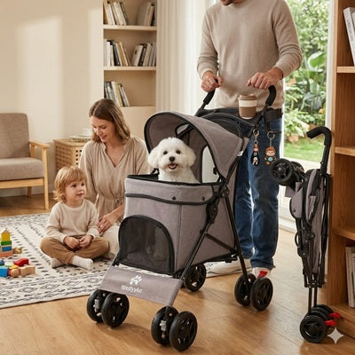 Poussette à chien pliable famille intérieur bichon blanc gris salon
