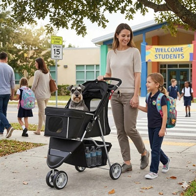 Poussette à chien pliable maman enfant école schnauzer famille