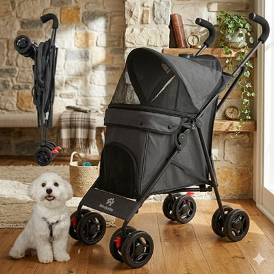 Poussette à chien pliable noire quatre roues bichon blanc intérieur
