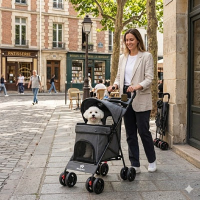 Poussette à chien promenade Paris rue pavée femme bichon gris