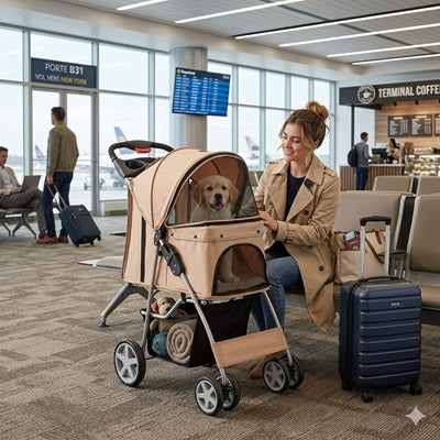 Poussette chien beige aéroport voyage Golden Retriever valise New York